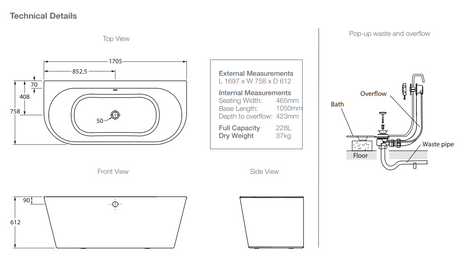 KOHLER Evok Back-To-Wall Free Standing Bathtub Gloss White (1500mm / 1700mm)