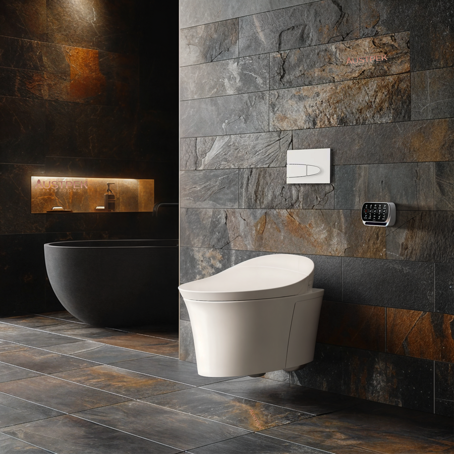 KOHLER Veil Intelligent Rimless Wall Hung Toilet With Bluetooth Remote Bidet Package Elongated Gloss White