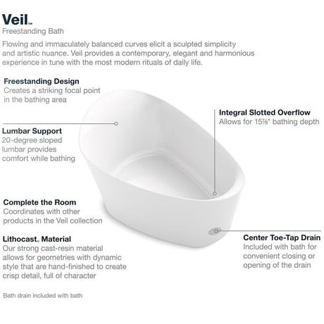 KOHLER Veil Lithocast Free Standing Bathtub Gloss White (1649mm)