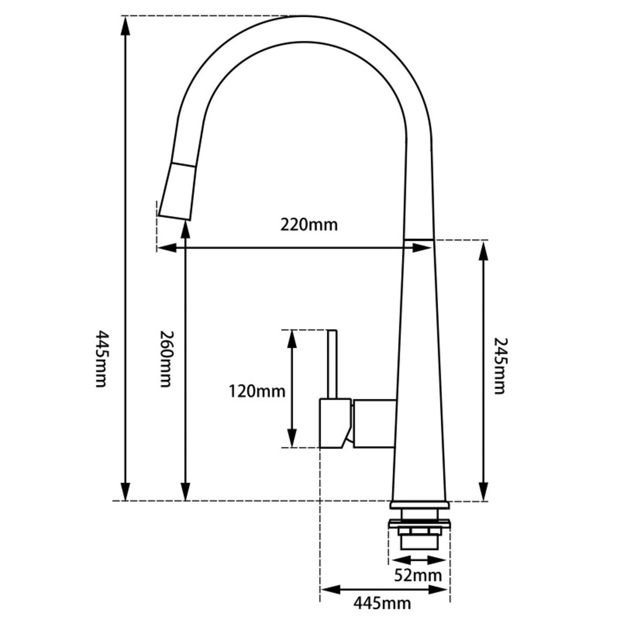Norico Pentro Pull Out Kitchen Mixer Specification Drawing
