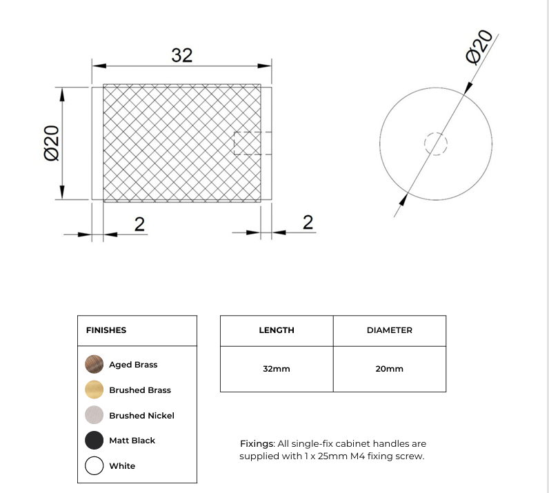 Knurled Cabinet Knob - Helena-Drawing