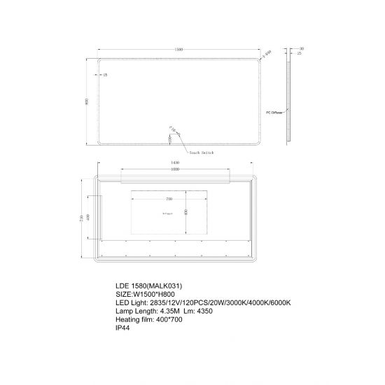 LDE Backlit LED Rectangle Frameless Mirror 1200x800mm