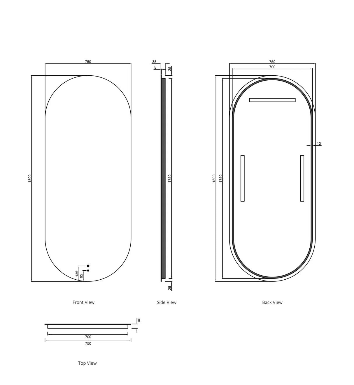 NOOSA Back-Lit LED Oval Frameless Mirror 1800x750mm