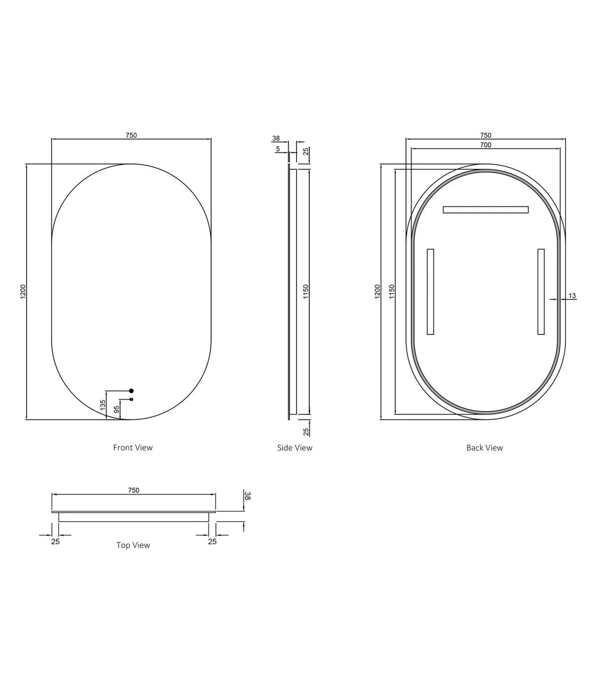 NOOSA LED Oval Metal Frame Mirror 1200x750mm Matte Black
