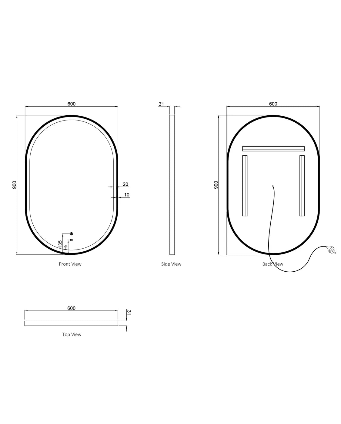 NOOSA LED Oval Metal Frame Mirror 900x600mm Matte Black