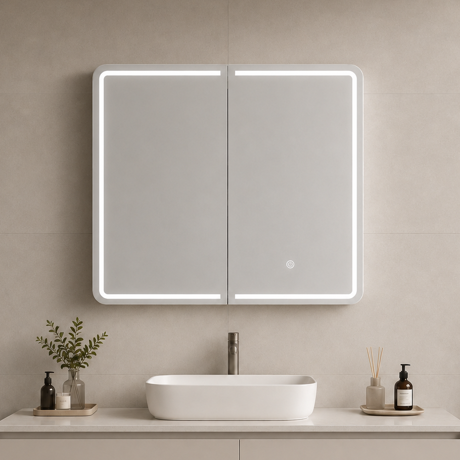 Marcoola Front-Lit LED Shaving Cabinet Matte White- 900/1200x750mm