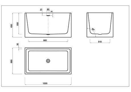 Crete Mini Free Standing Bathtub With Overflow (1000mm)-drawing