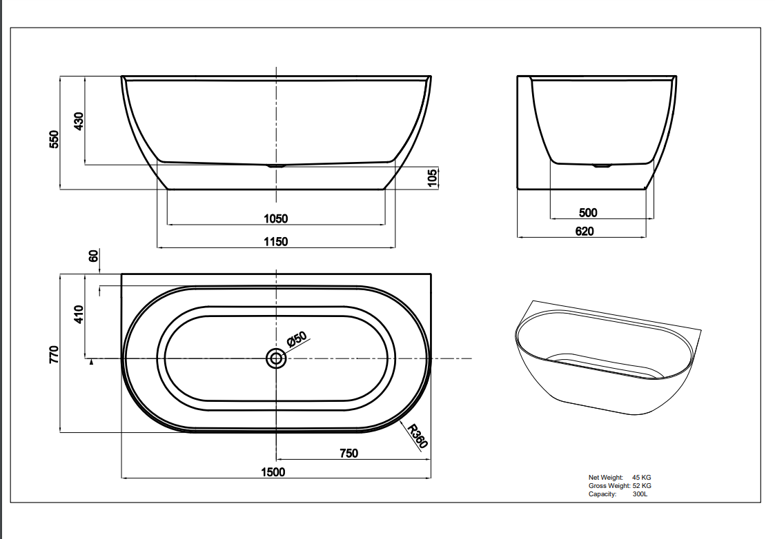 LUKKA Ellips Back To Wall Bathtub Non-Overflow (1500/1700mm)