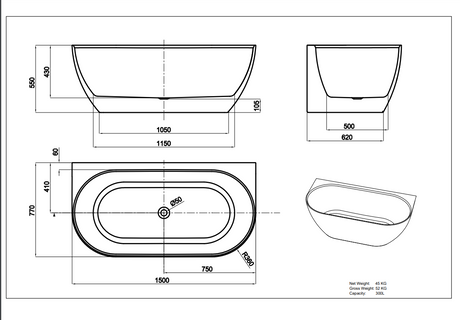 LUKKA Ellips Back To Wall Bathtub Non-Overflow (1500/1700mm)