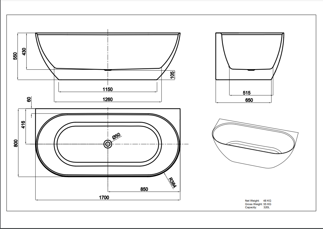 LUKKA Ellips Back To Wall Bathtub Non-Overflow (1500/1700mm)