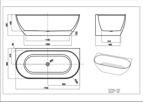 LUKKA Ellips Back To Wall Bathtub Non-Overflow (1500/1700mm)