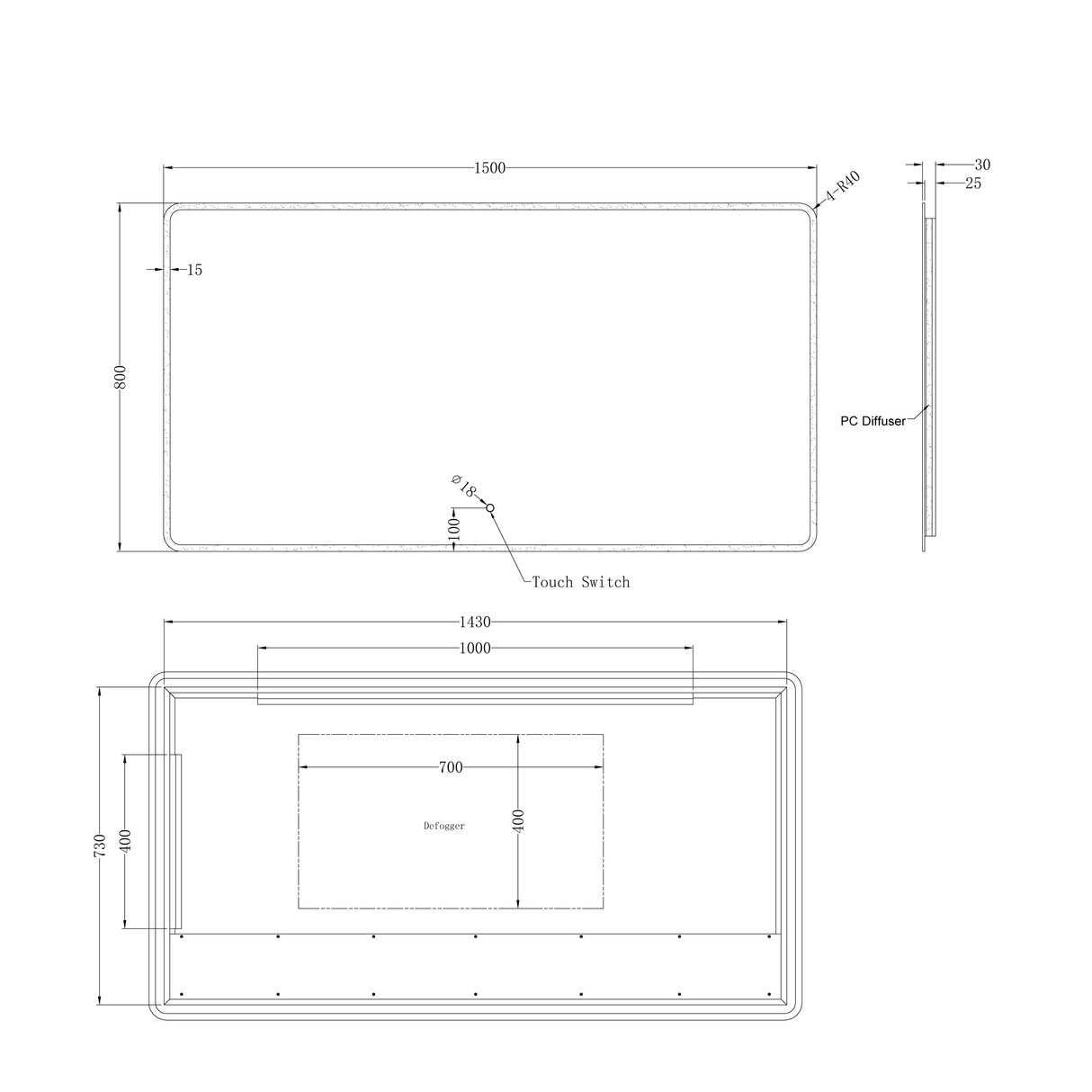 LDE Backlit LED Rectangle Frameless Mirror 1500x800mm