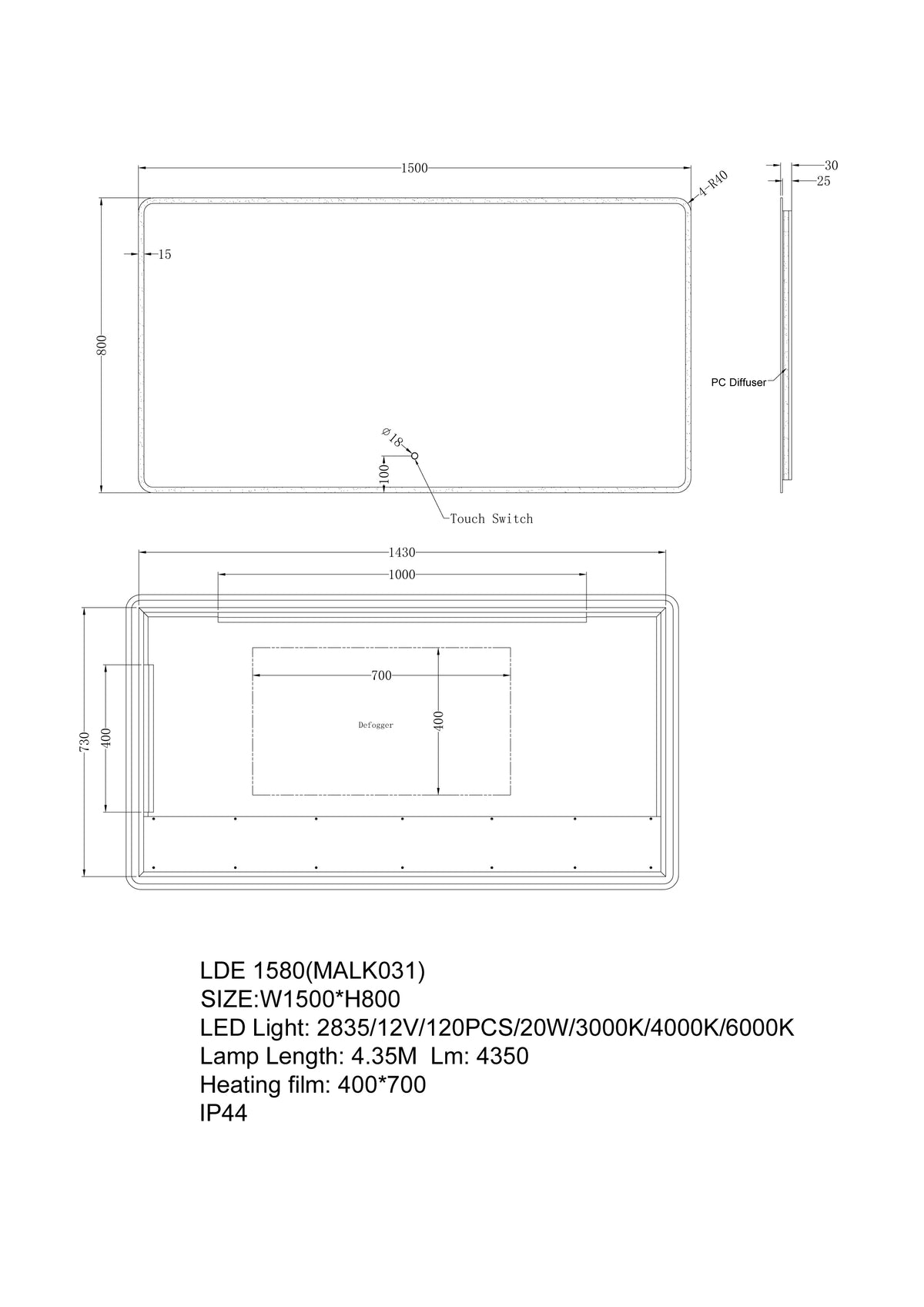 AQU Backlit LED Rectangle Frameless Mirror 1500x800mm
