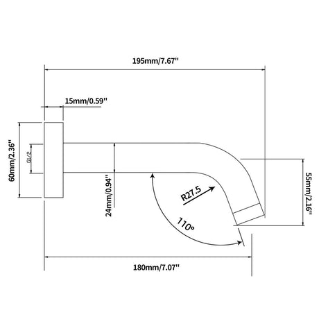 LUCID PIN Round Bathtub Basin Wall Spout 195mm - Brushed Gun Metal Technical Drawing