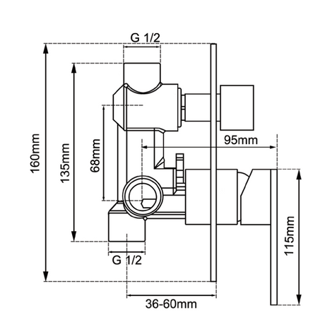 LUCID PIN Round Shower Bath Mixer Diverter - Chrome Technical Drawing