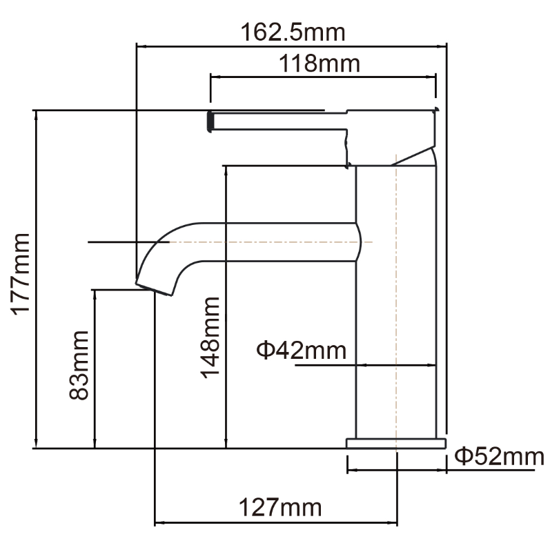 LUCID PIN Series Round Basin Mixer - Brushed Gun Metal Technical Drawing