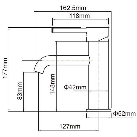 LUCID PIN Series Round Basin Mixer - Brushed Gun Metal Technical Drawing