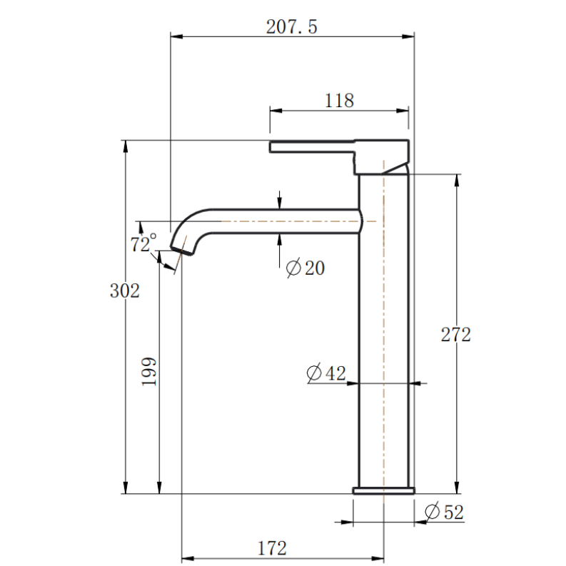 LUCID PIN Series Round Tall Basin Mixer - Chrome Technical Drawing