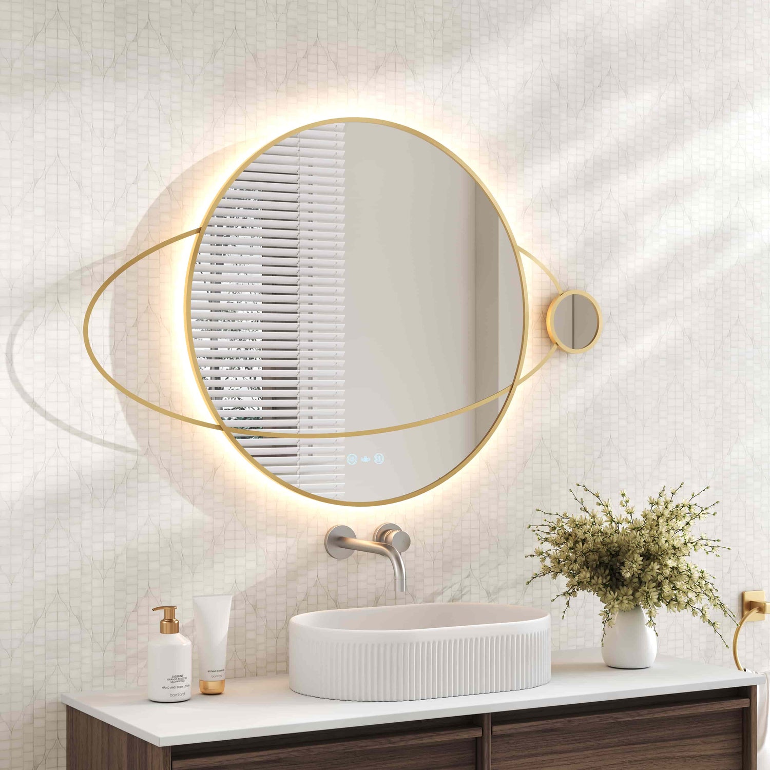 LUNA LED Planet Framed Mirror 950×800mm Brushed Gold