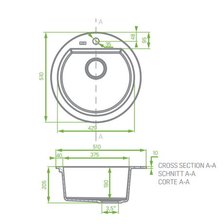 Laveo 510*205mm Grey Granite Stone Sink Single Bowl