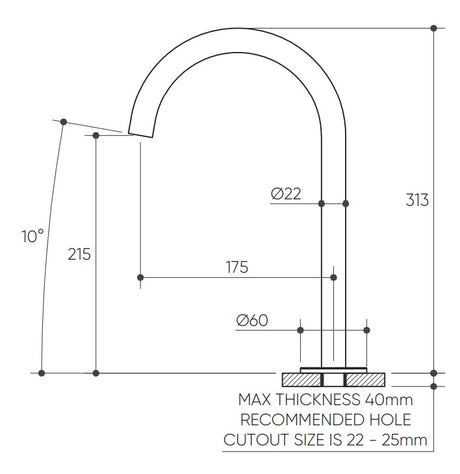 Leggero Fixed Hob Basin 175 Gooseneck Spout Lead Free drawing
