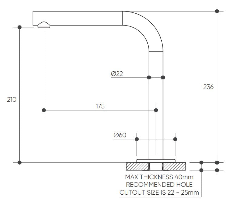 Leggero Fixed Hob Basin 175 Right Angle Spout Lead Free drawing