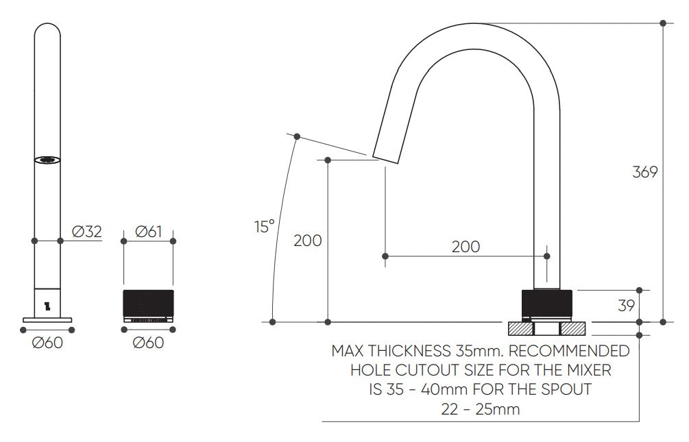 Leggero Hob Progressive Sink Mixer Set 200 Curved Spout Lead Free drawing