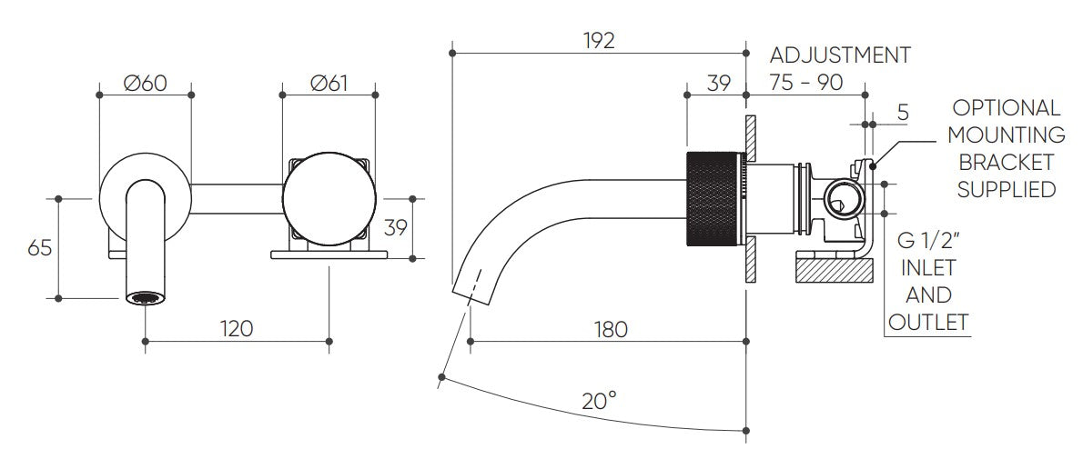 Leggero Wall Basin/Bath Progressive Mixer Set 180 Curved Spout Lead Free drawing