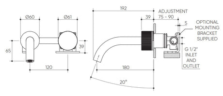 Leggero Wall Basin/Bath Progressive Mixer Set 180 Curved Spout Lead Free drawing