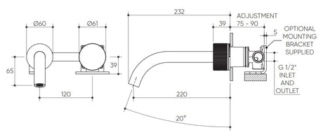 Leggero Wall Basin/Bath Progressive Mixer Set 220 Curved Spout Lead Free drawing