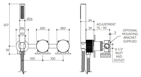 Leggero Wall Progressive Mixer with Diverter & Hand Shower Lead Free drawing