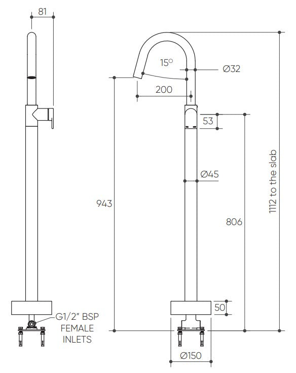 Lekki Floor Mounted Bath Mixer Lead Free drawing