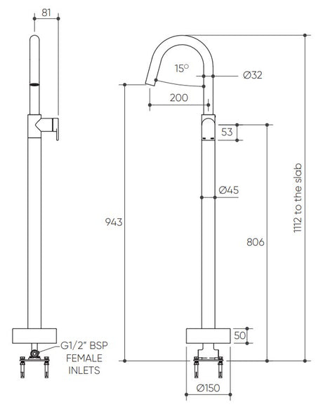 Lekki Floor Mounted Bath Mixer Lead Free drawing