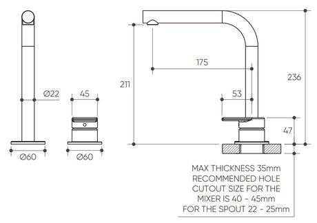 Lekki Hob Basin Mixer Set 175 Right Angle Spout Lead Free drawing