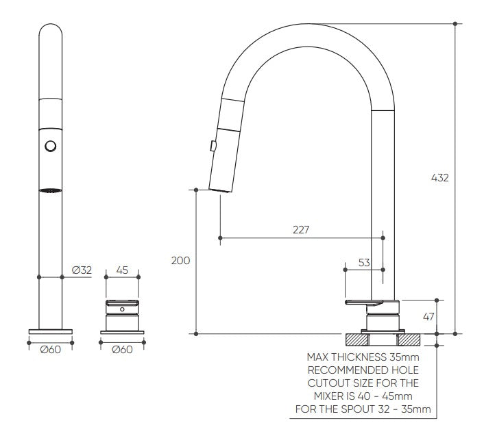 Lekki Hob Pull Out Spray Sink Mixer Set 200 Curved Spout Lead Free drawing