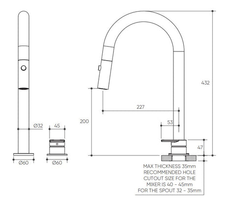 Lekki Hob Pull Out Spray Sink Mixer Set 200 Curved Spout Lead Free drawing