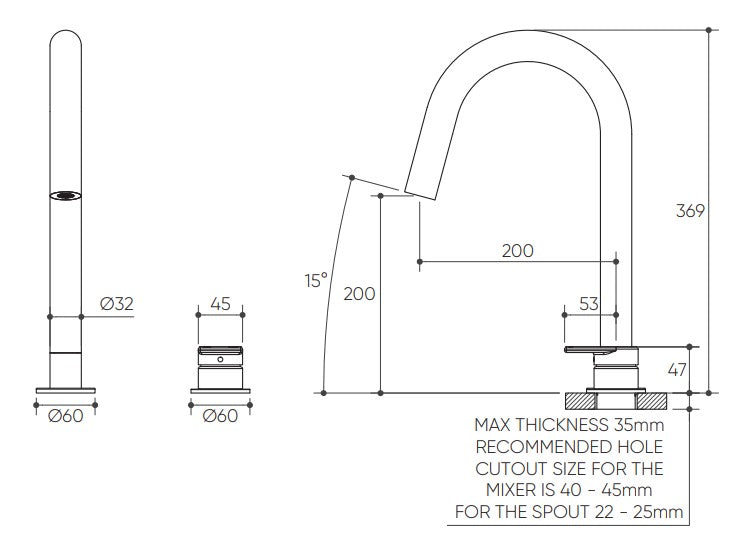 Lekki Hob Sink Mixer Set 200 Curved Spout Lead Free drawing