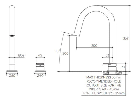 Lekki Hob Sink Mixer Set 200 Curved Spout Lead Free drawing