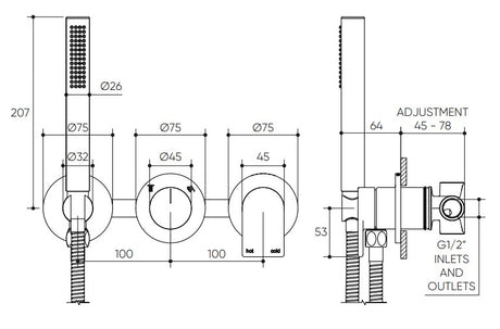 Lekki Wall Mixer with Diverter & Hand Shower Lead Free drawing