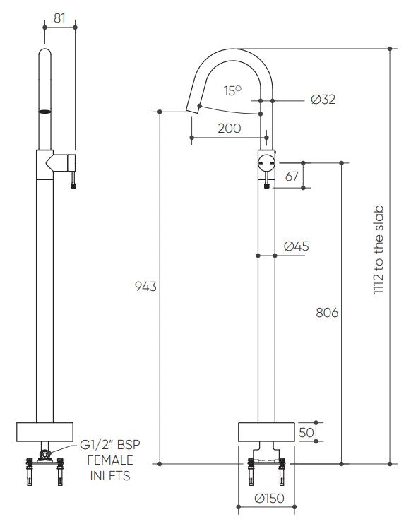 Leora Floor Mounted Bath Mixer Lead Free drawing
