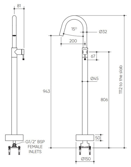 Leora Floor Mounted Bath Mixer Lead Free drawing
