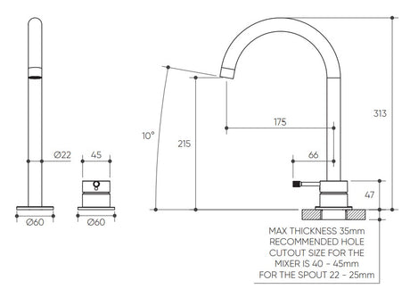 Leora Hob Basin Mixer Set 175 Curved Spout Lead Free drawing