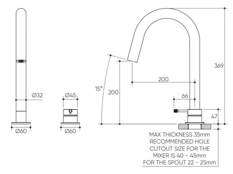 Leora Hob Sink Mixer Set 200 Curved Spout Lead Free drawing