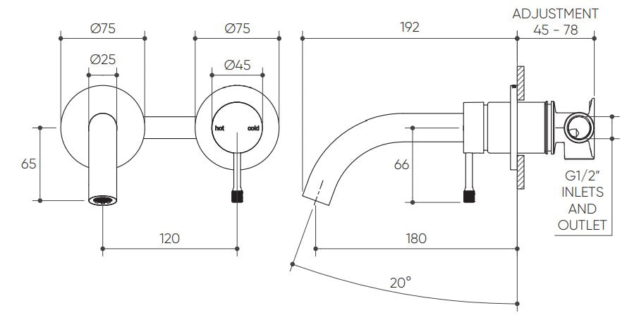 Leora Wall Basin/Bath Mixer Set 180 Curved Spout Lead Free drawing
