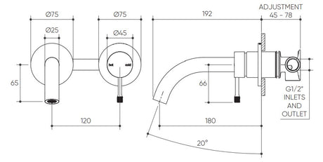 Leora Wall Basin/Bath Mixer Set 180 Curved Spout Lead Free drawing