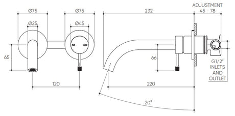 Leora Wall Basin/Bath Mixer Set 220 Curved Spout Lead Free drawing