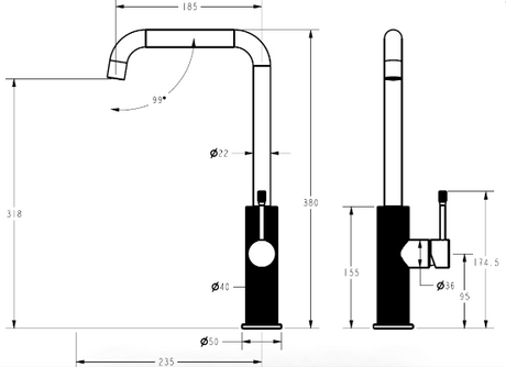 Linie Square neck Sink Mixer - Technical Drawing