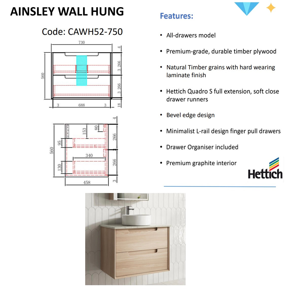MORENO Wall Hung Vanity Natural Oak (All Sizes)-Drawing
