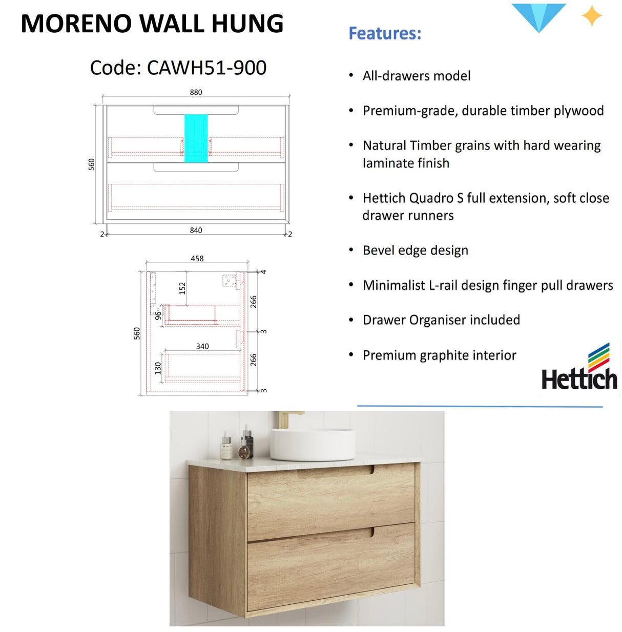 MORENO Wall Hung Vanity Natural Oak (All Sizes)-Drawing