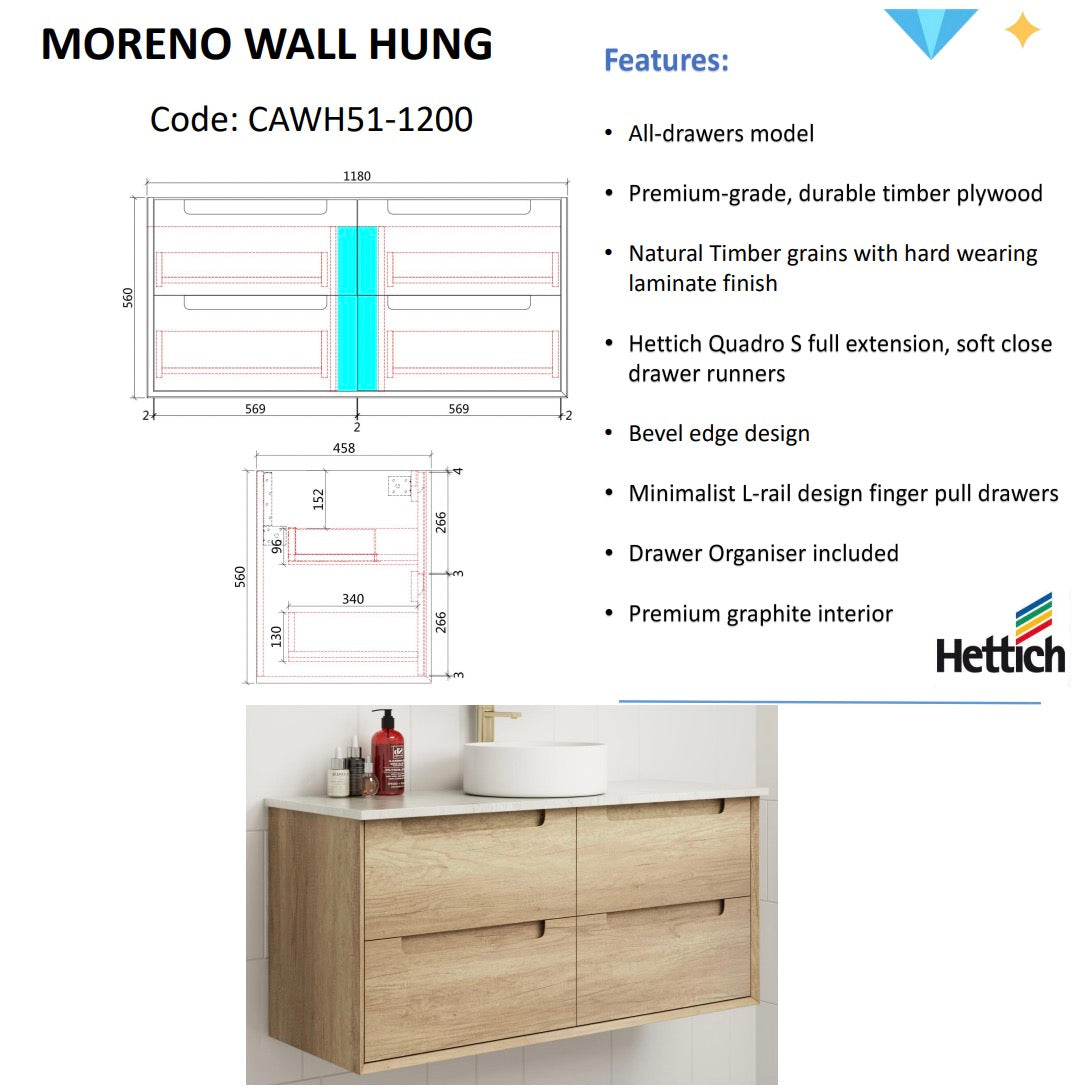 MORENO Wall Hung Vanity Natural Oak (All Sizes)-Drawing